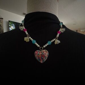Floral Heart Pendant Necklace with Multicolor Beads